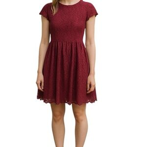 H&M burgundy lace mini dress, Small, cap sleeves, lined, flared Feminine Pretty